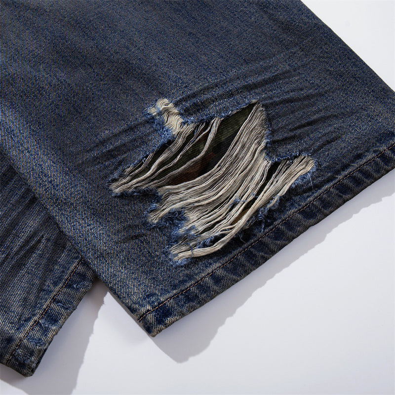 Wide-Leg Ripped Jeans – Vintage Washed Distressed Denim with Studded Patches
