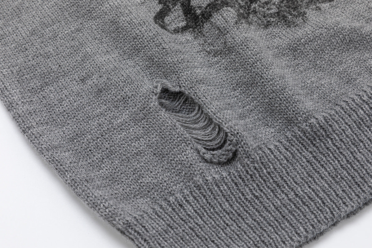 Distressed Graphic Knit Sweater – Raglan Ribbed Sleeve, Rock Print, Grey