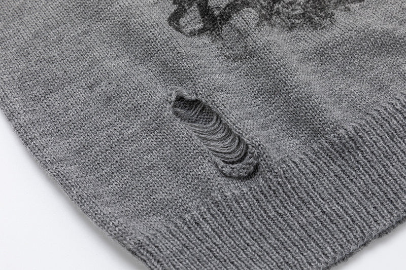 Distressed Graphic Knit Sweater – Raglan Ribbed Sleeve, Rock Print, Grey