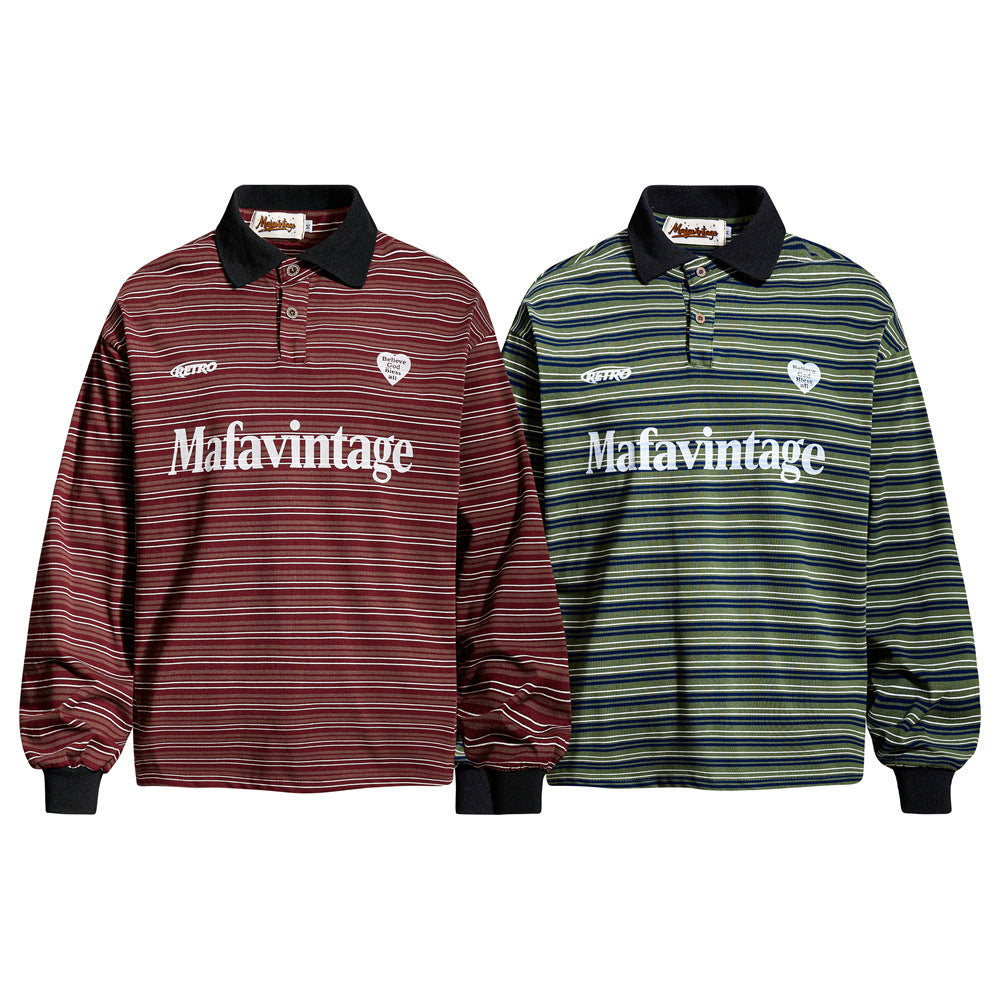 Striped Long-Sleeve Polo Shirt – Retro Oversized Fit with Contrast Collar