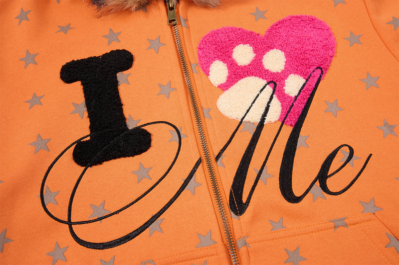 Hoodie zippé à motif étoiles, capuche bordée de fausse fourrure et motif « I ♥ Me »
