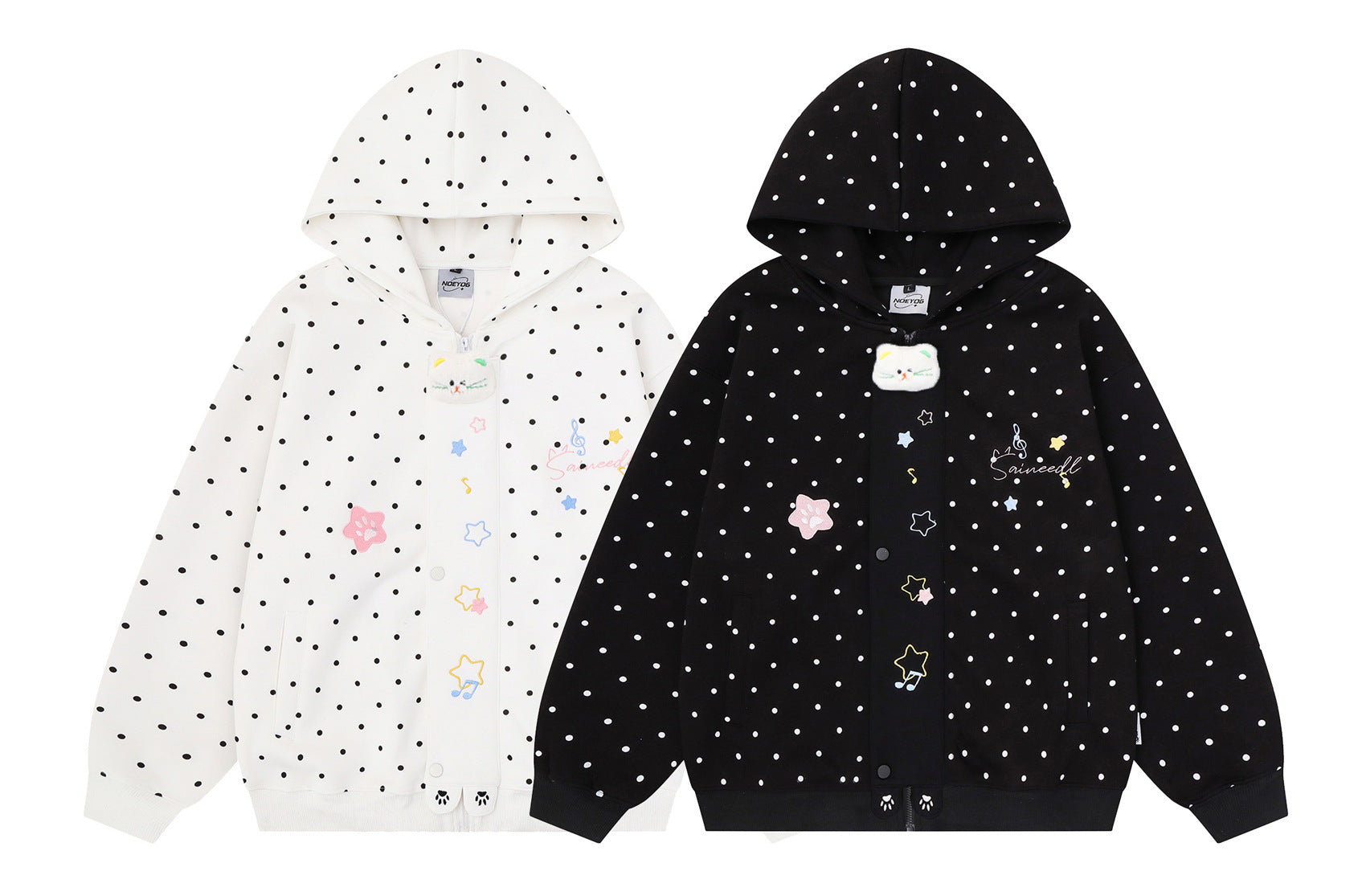 Oversized polka dot zip-up hoodie in white and black colorways with 3D cat patch and star embroidery on the front placket