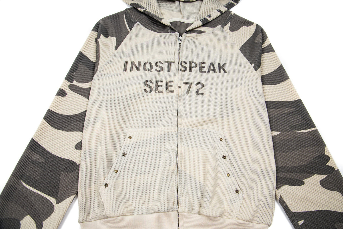 Camo Zip-Up Hoodie with Mesh Body Panel and Graphic Print