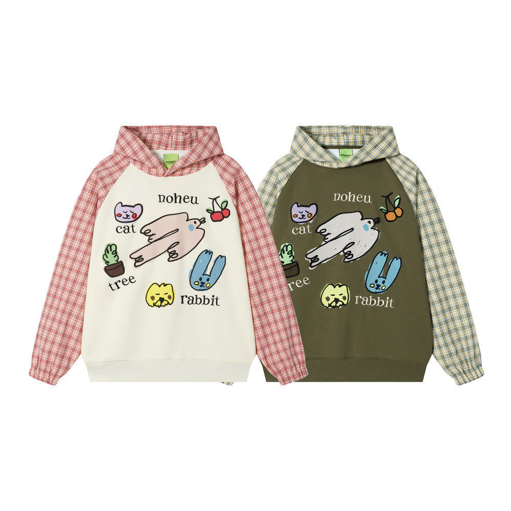Hoodie mit Karomuster, Raglanärmeln und Cartoon-Print – Relaxed Fit für Herren