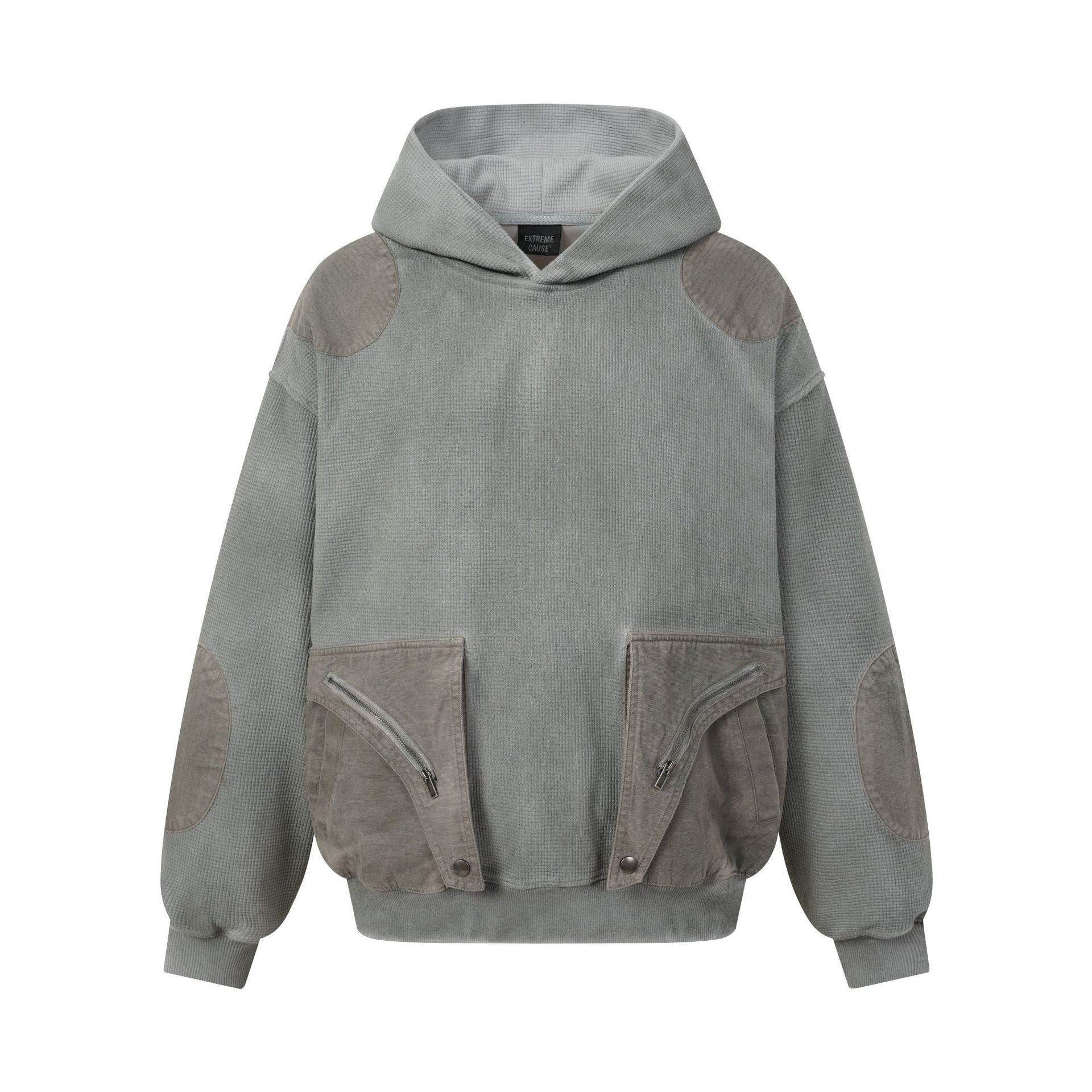 Oversized-Pullover-Hoodie aus Waffelstrick mit dekonstruierten Utility-Reißverschlusstaschen und Wildleder-Schulterpatches in Schiefergrau
