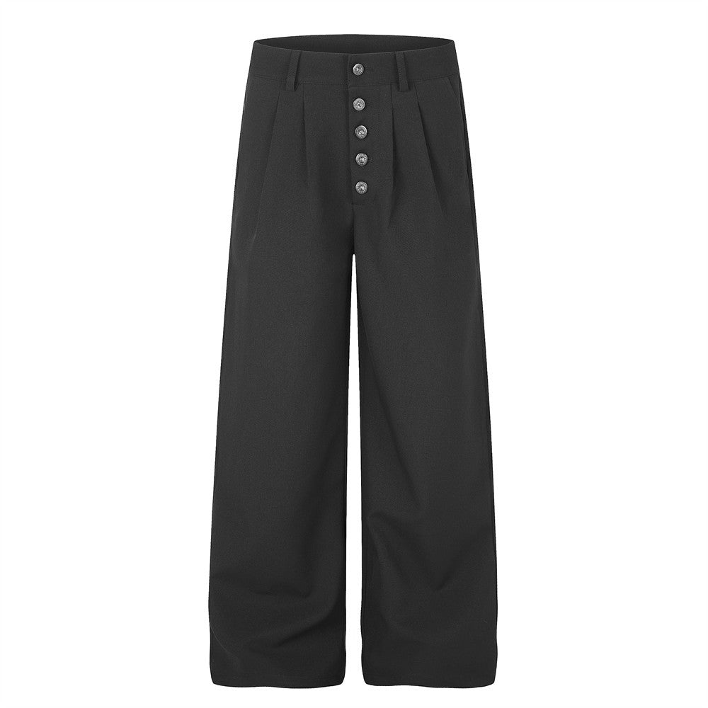 Men's wide-leg pleated dress pants with metal button fly in black and charcoal grey
