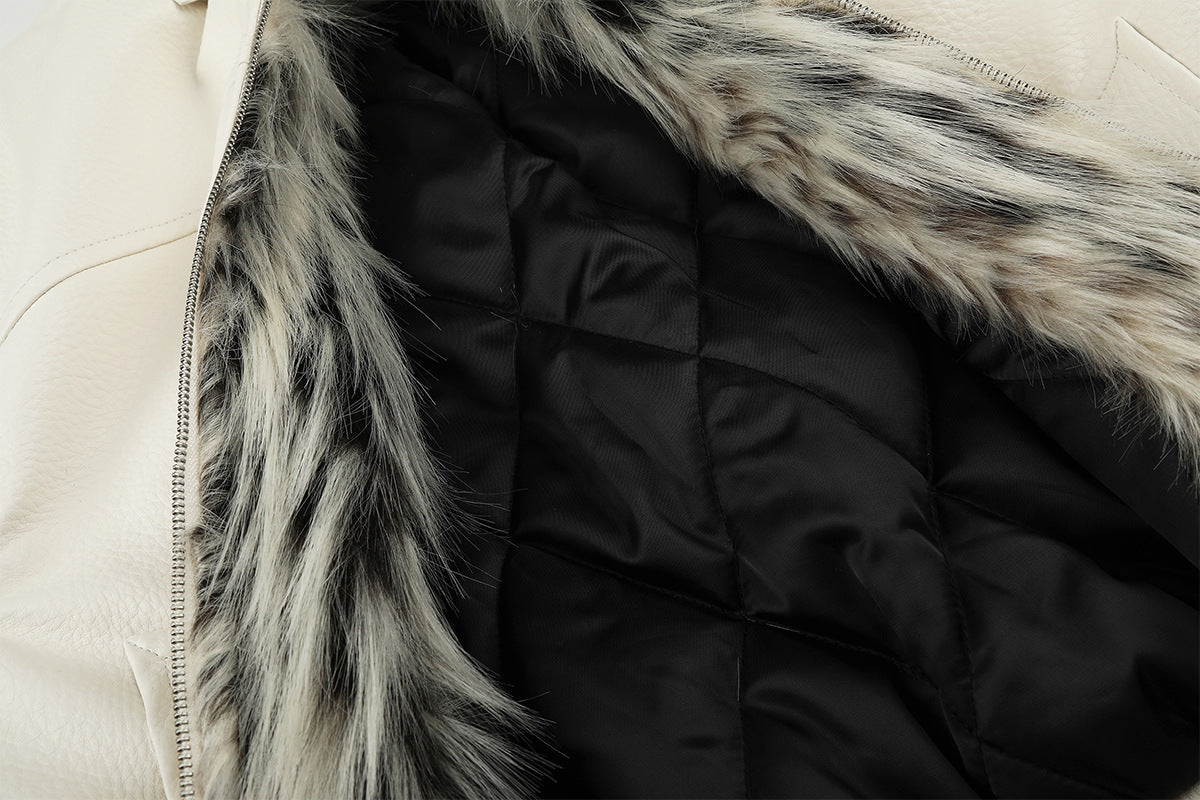 Faux Leather Bomber Jacket with Fur Collar and Buckle Detail
