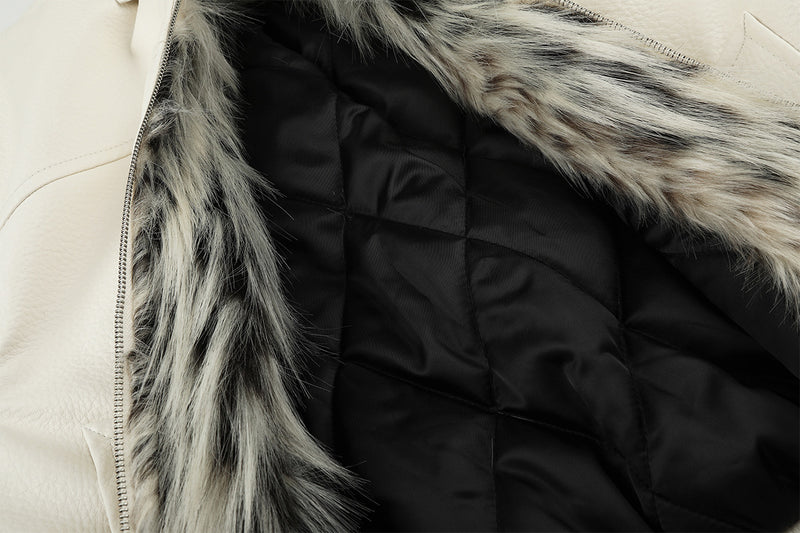 Faux Leather Bomber Jacket with Fur Collar and Buckle Detail