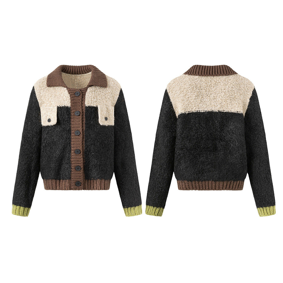 Color-Block Plush Patchwork Knitted Cardigan – Retro Korean Style