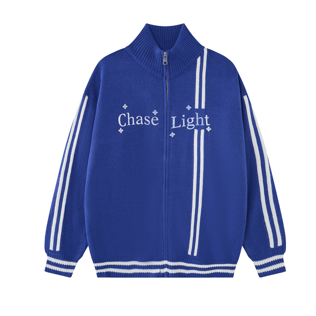 Chunky knit zip-up cardigan jacket in Royal Blue with white contrast stripes and Chase Light embroidered chest graphic