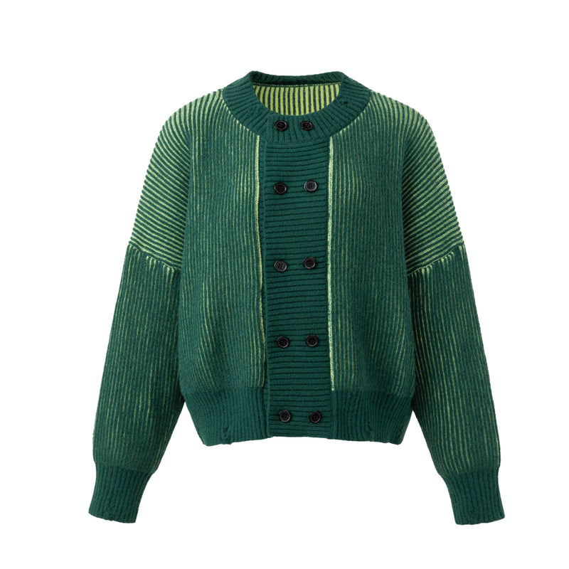 Retro double-breasted ribbed knitted cardigan in forest green and lime-yellow two-tone knit with dark buttons