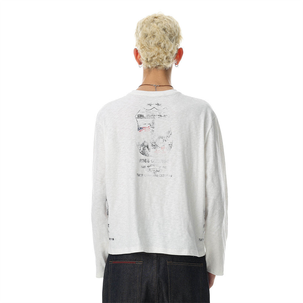 White long sleeve oversized tee with graphic print, back view on model