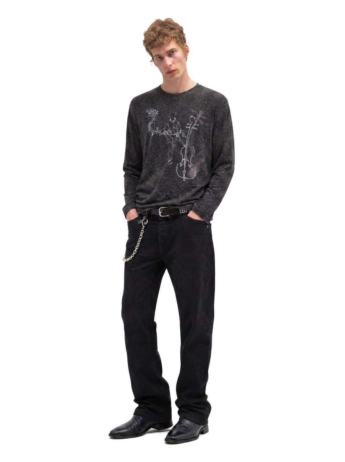 Long Sleeve Graphic Shirt – Cello Musician Sketch Print, Relaxed Fit
