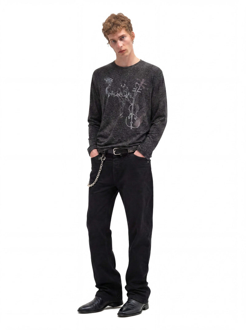 Long Sleeve Graphic Shirt – Cello Musician Sketch Print, Relaxed Fit