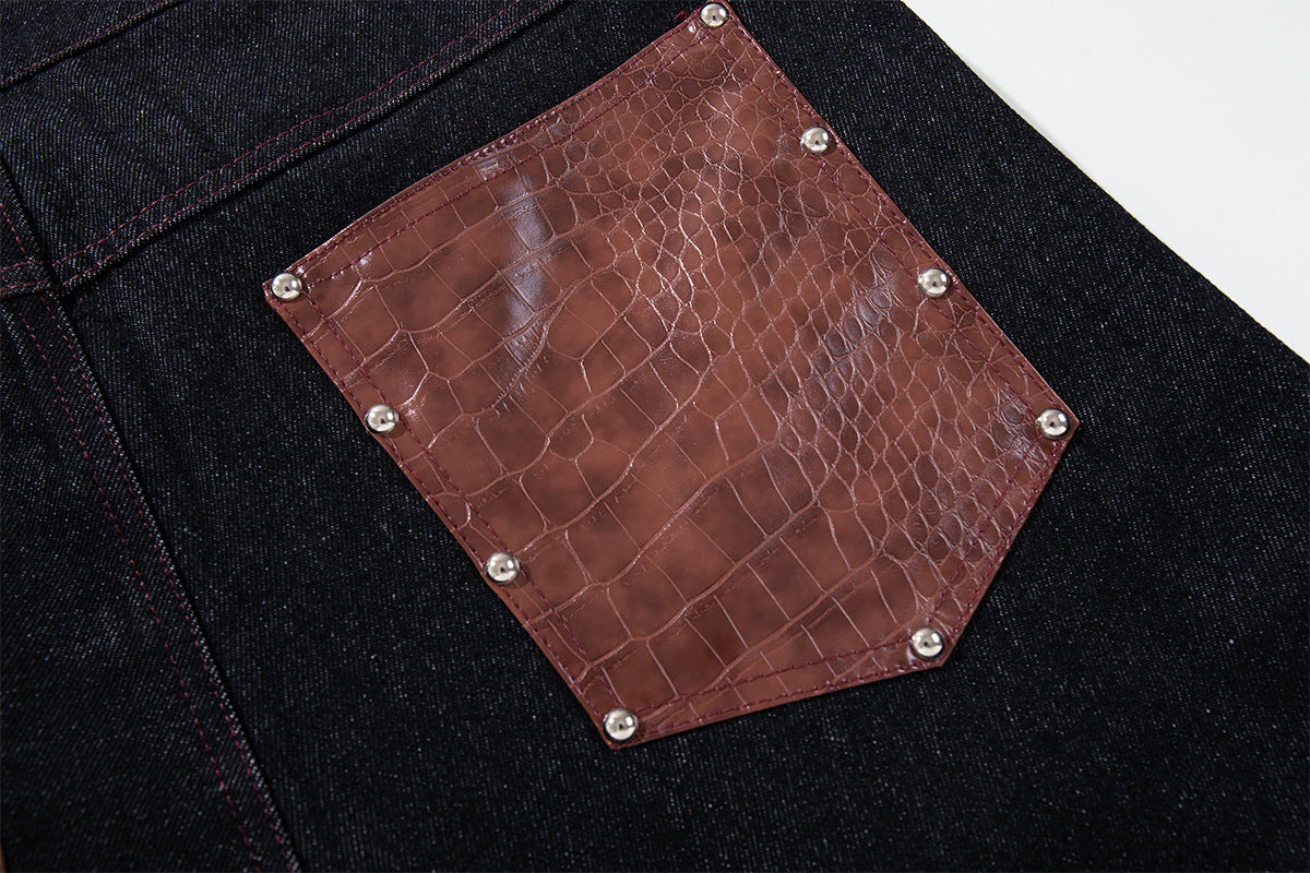 Baggy Wide-Leg Jeans with Croc-Leather Patchwork & Studded Detail — Black Denim