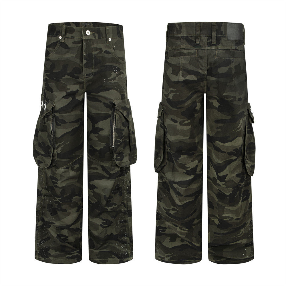 Baggy Green Cargo Pants – Wide-Leg Camo Multi-Pocket Streetwear Trousers