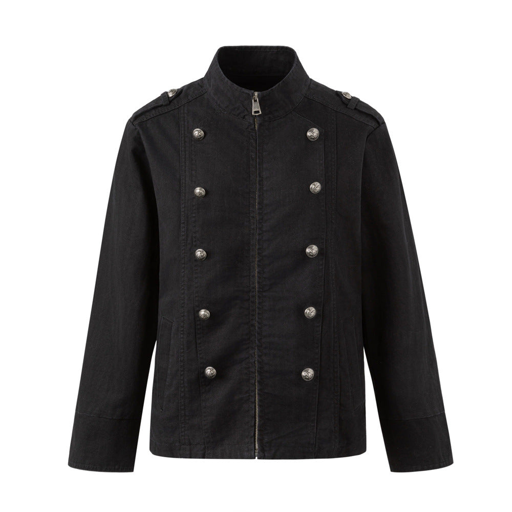 Black Double-Breasted Military Jacket – Stand Collar Structured Workwear Coat