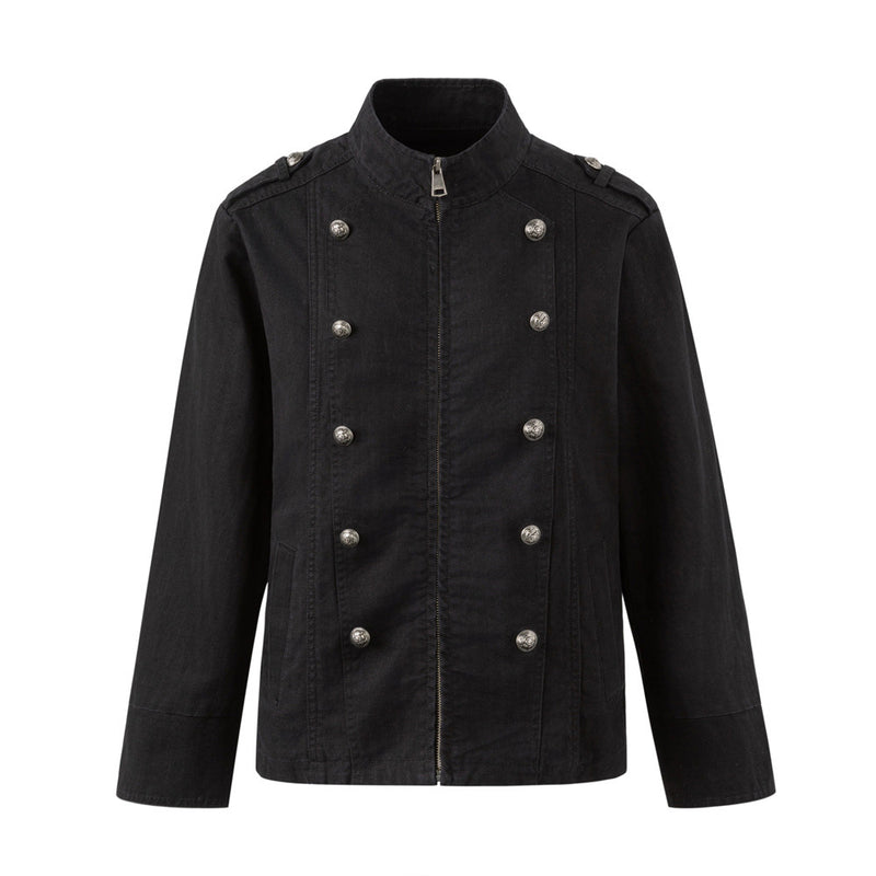 Black Double-Breasted Military Jacket – Stand Collar Structured Workwear Coat