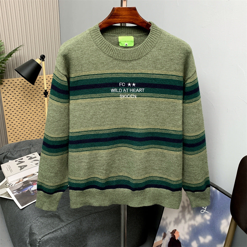 Striped Crew Neck Sweater – Relaxed Fit Color-Block Knit Pullover