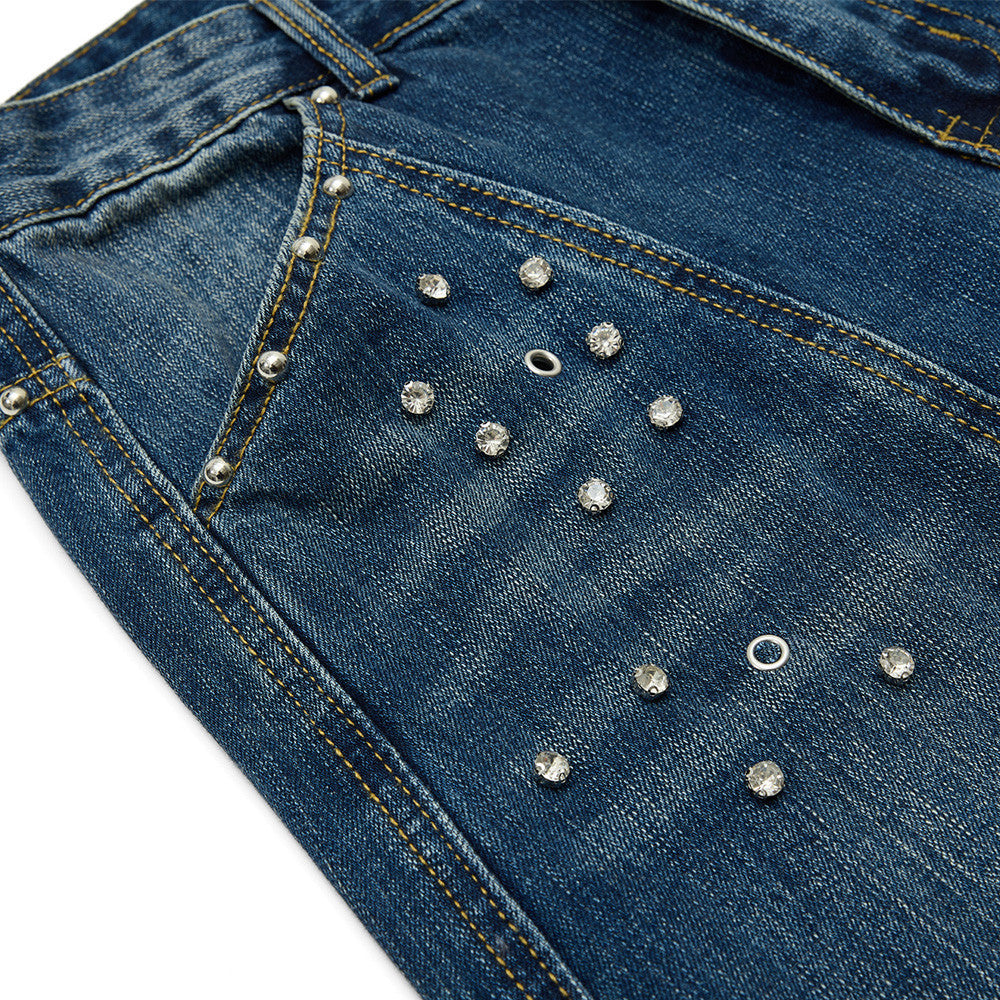 Men's Baggy Black Jeans Wide-Leg Rivet Punk Washed Denim Pants