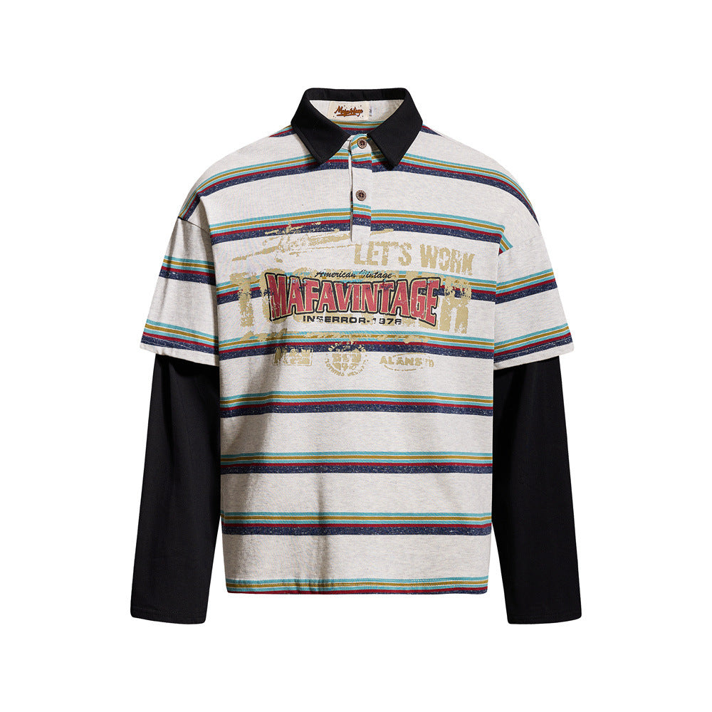 Striped Faux Two-Piece Long Sleeve Polo Shirt – Relaxed Fit with Layered Look