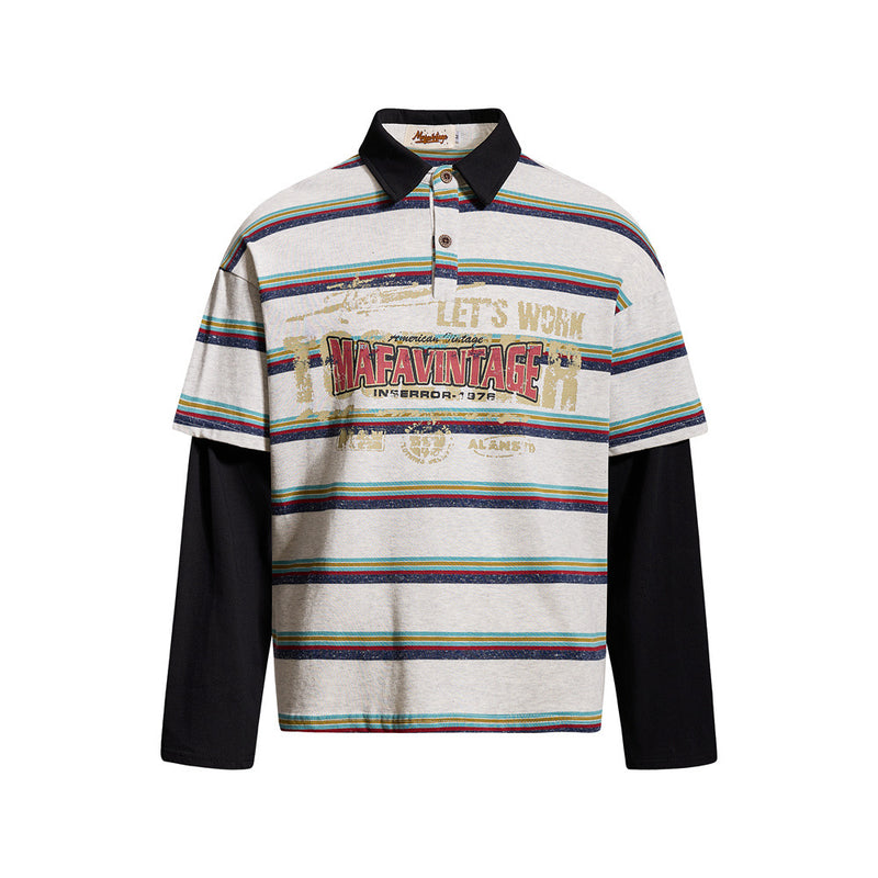 Striped Faux Two-Piece Long Sleeve Polo Shirt – Relaxed Fit with Layered Look