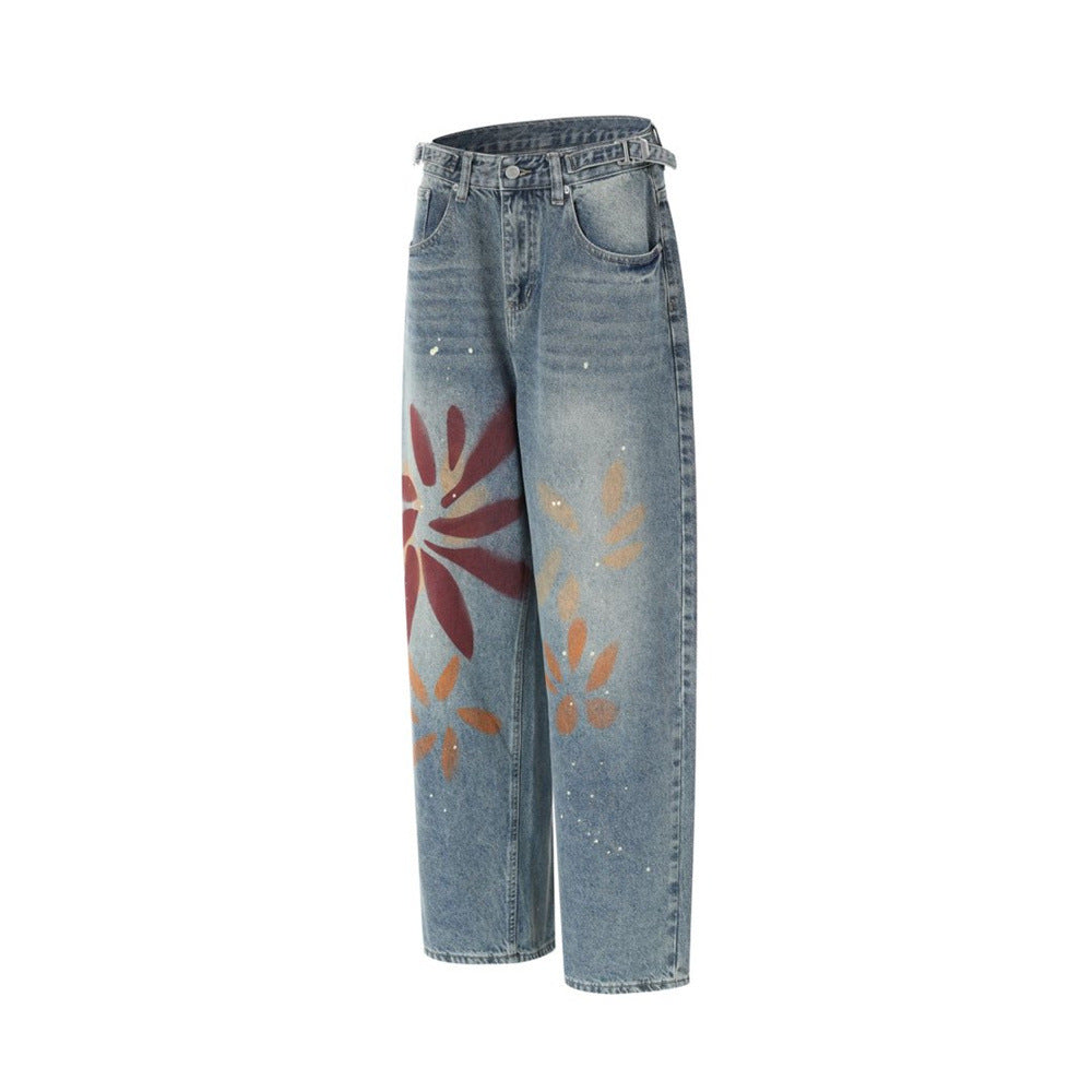 Men's Relaxed Fit Jeans with Floral Graffiti Print – Wide Leg Straight Denim