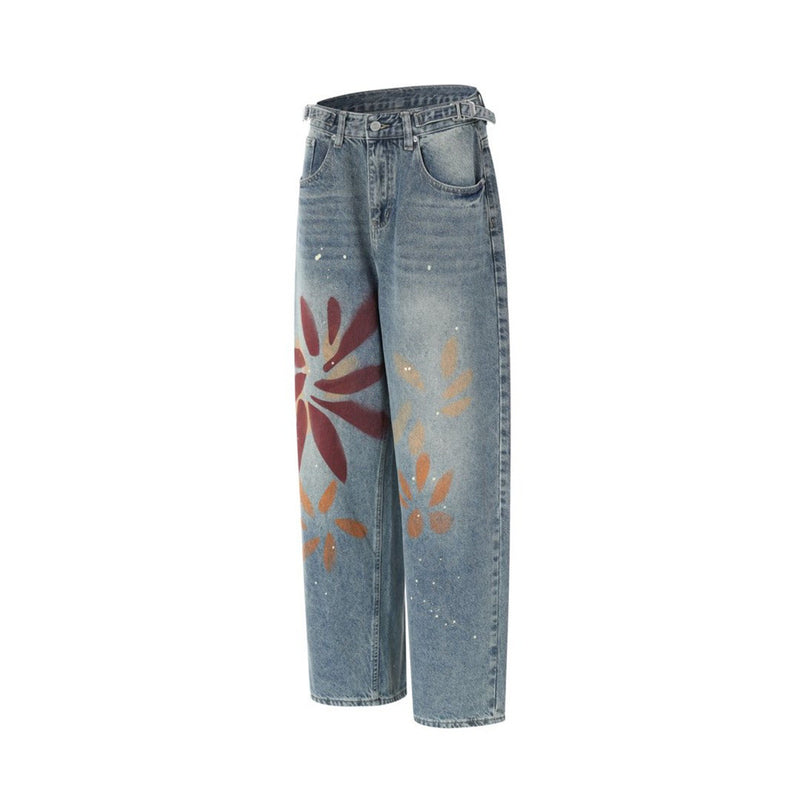 Men's Relaxed Fit Jeans with Floral Graffiti Print – Wide Leg Straight Denim