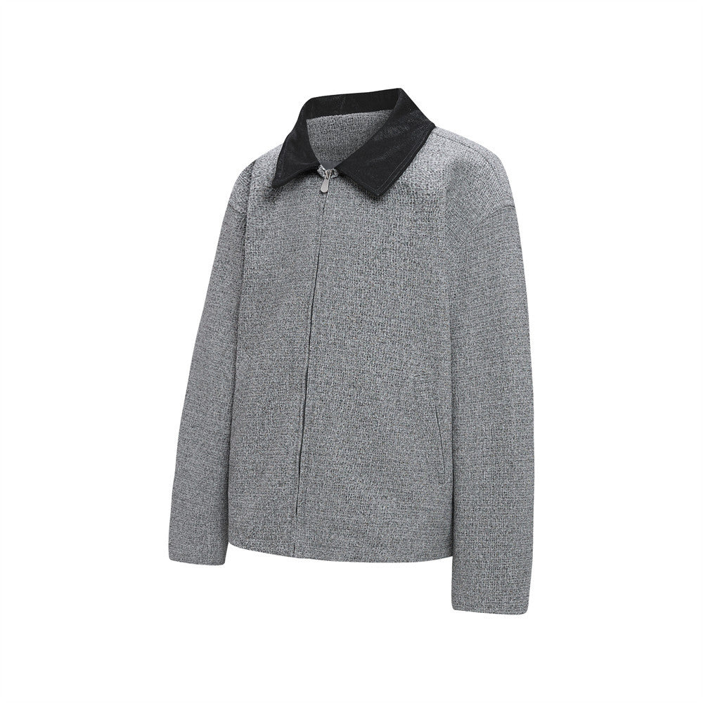 Wolljacke mit Reißverschluss – Herrenjacke aus grauem Tweedgewebe mit kontrastierendem Lederkragen