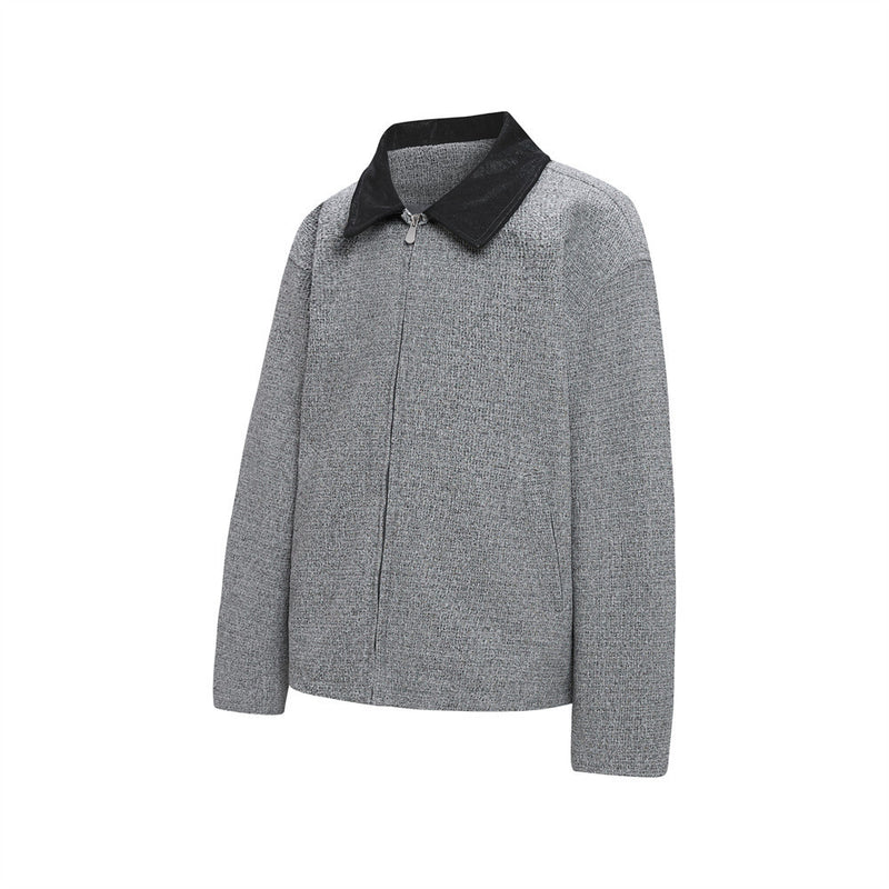 Wolljacke mit Reißverschluss – Herrenjacke aus grauem Tweedgewebe mit kontrastierendem Lederkragen