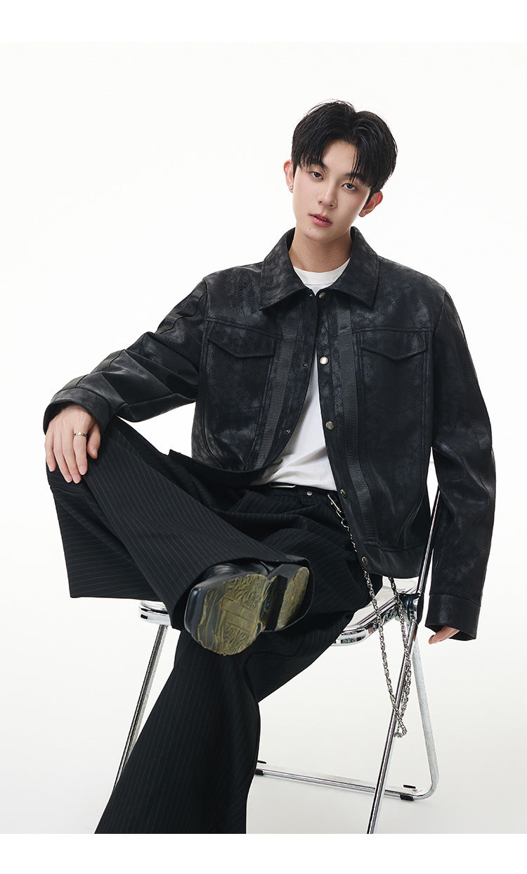 Veste trucker noire en similicuir PU – Style punk streetwear et moto