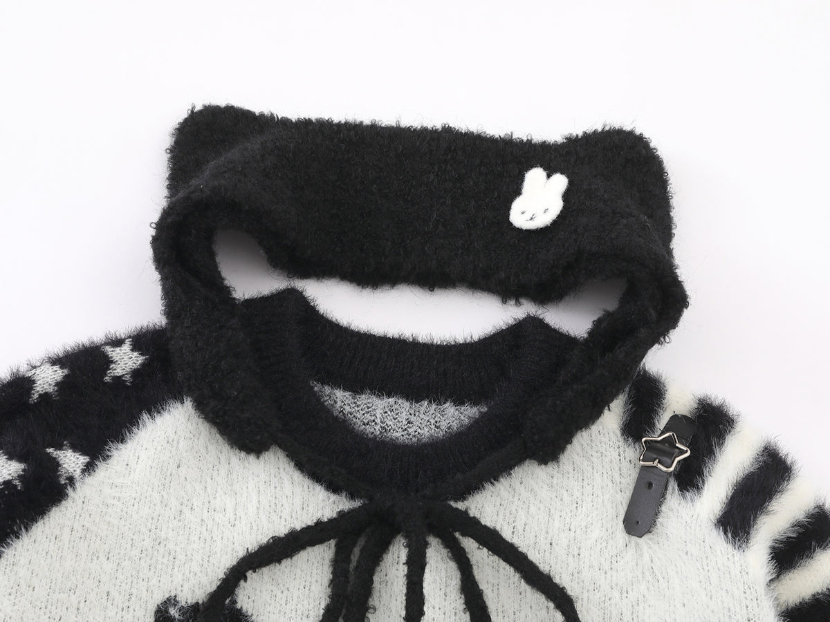 Cartoon Rabbit Angel Knit Sweater – Mixed Star & Stripe Fuzzy Pullover with