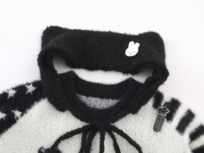 Cartoon Rabbit Angel Knit Sweater – Mixed Star & Stripe Fuzzy Pullover with