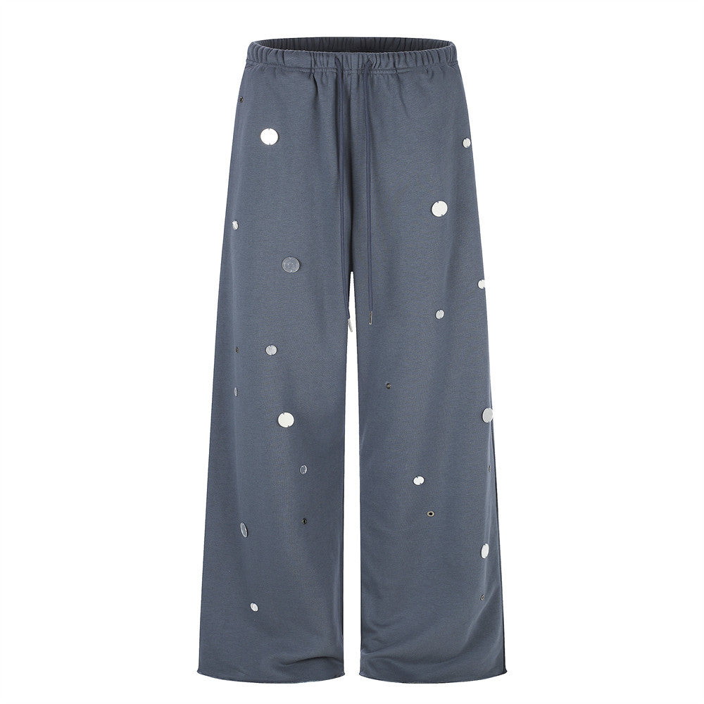 Fog blue wide-leg sweatpants with silver mirror disc embellishments, front and back view, elastic drawstring waist