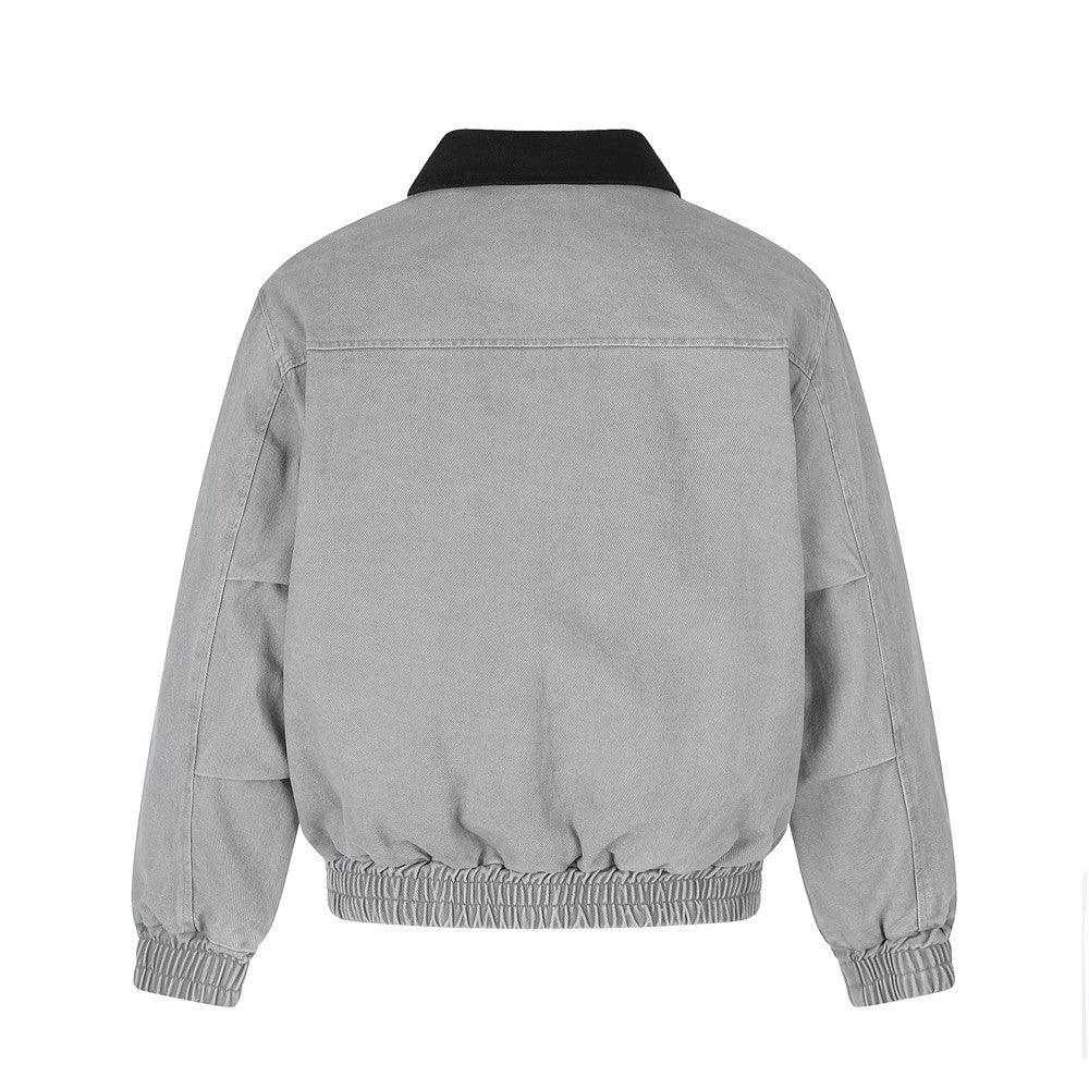Herren Bomberjacke aus grauem Canvas im Workwear-Stil mit Grafikprints