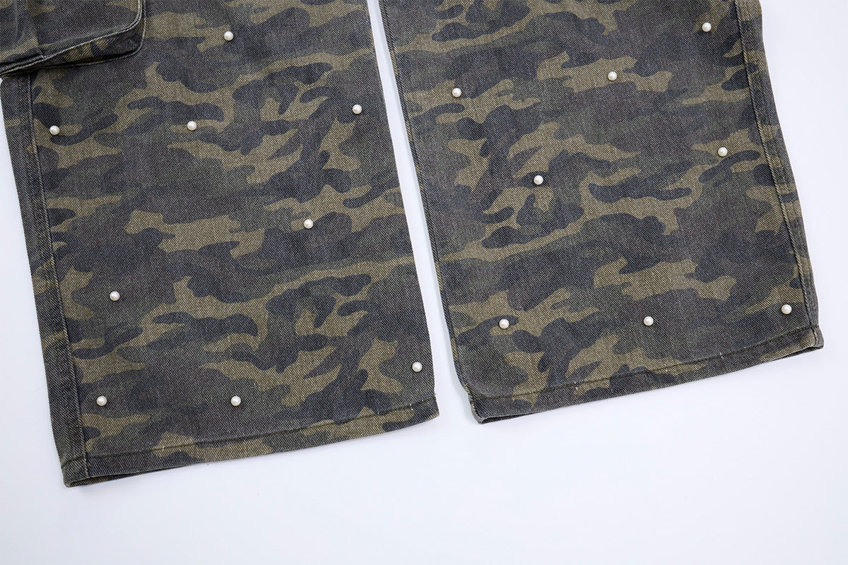 Pantalon cargo droit camouflage à clous perles – Denim à jambes larges