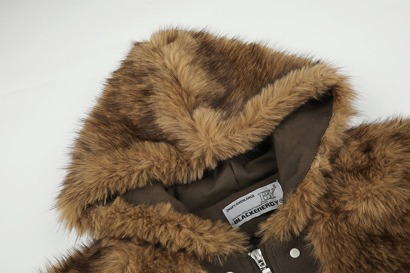Faux Fur Hooded Bomber Jacket – Brown Oversized Winter Coat with Grommet Cuffs