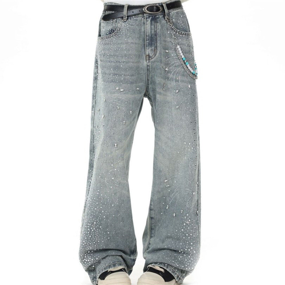 Men's Straight Leg Jeans with All-Over Rhinestone Embellishment – Wide Leg