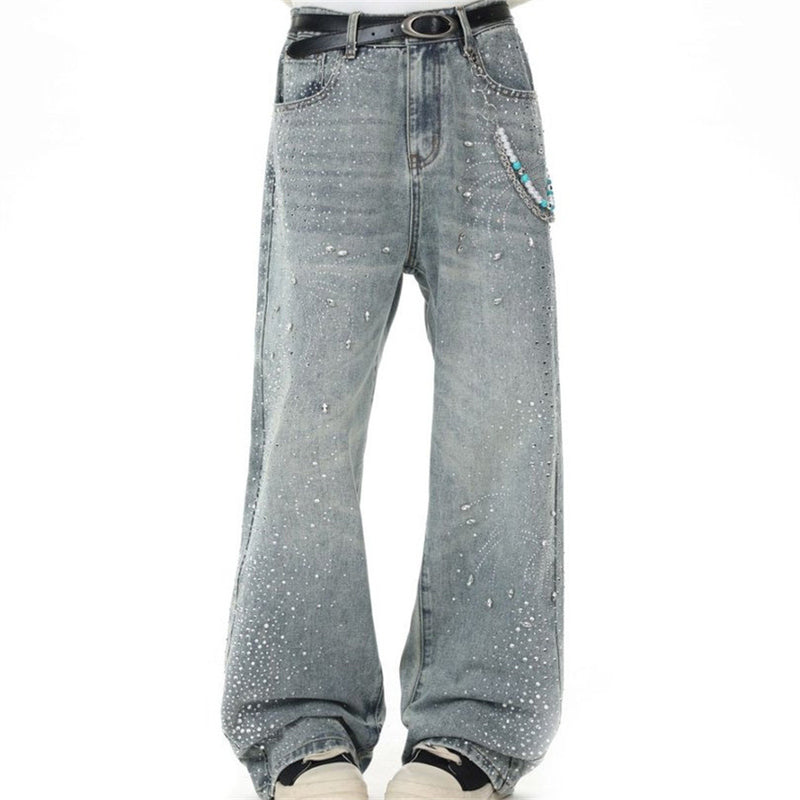 Men's Straight Leg Jeans with All-Over Rhinestone Embellishment – Wide Leg