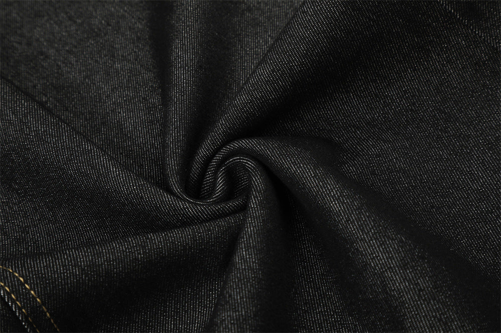 Wide-Leg Barrel Jeans – Dark Black Denim with Camo Pocket & Embroidered Graphic