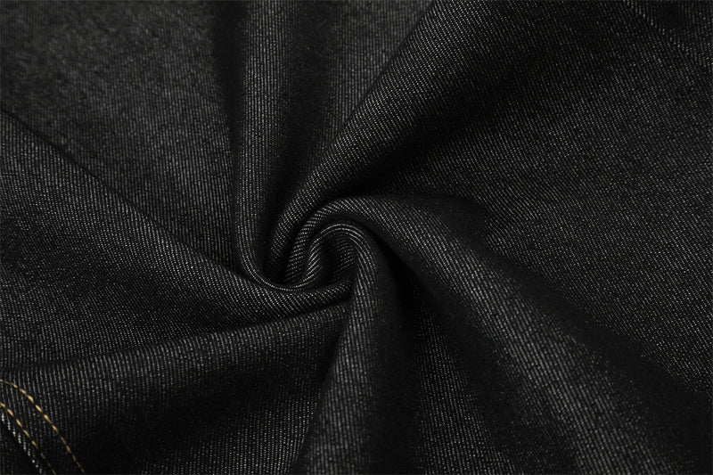Wide-Leg Barrel Jeans – Dark Black Denim with Camo Pocket & Embroidered Graphic