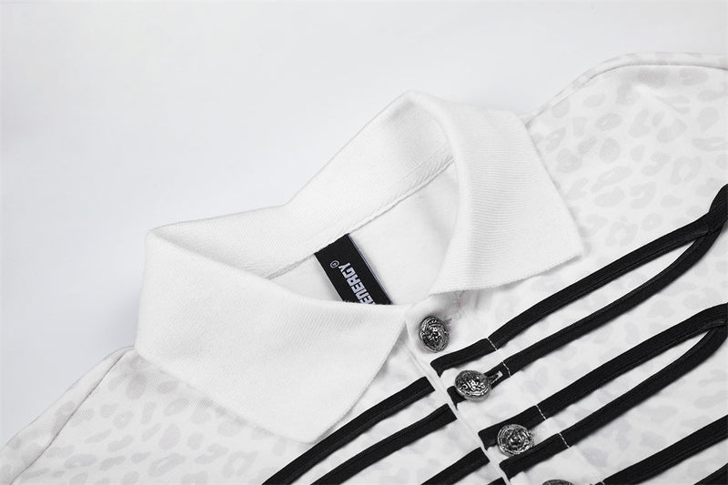 White Long Sleeve Polo Shirt with Leopard Texture, Stripe Collar & Ribbon Detail