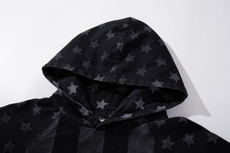 American Flag Denim Hoodie – Acid-Washed Vintage Stars & Stripes Pullover