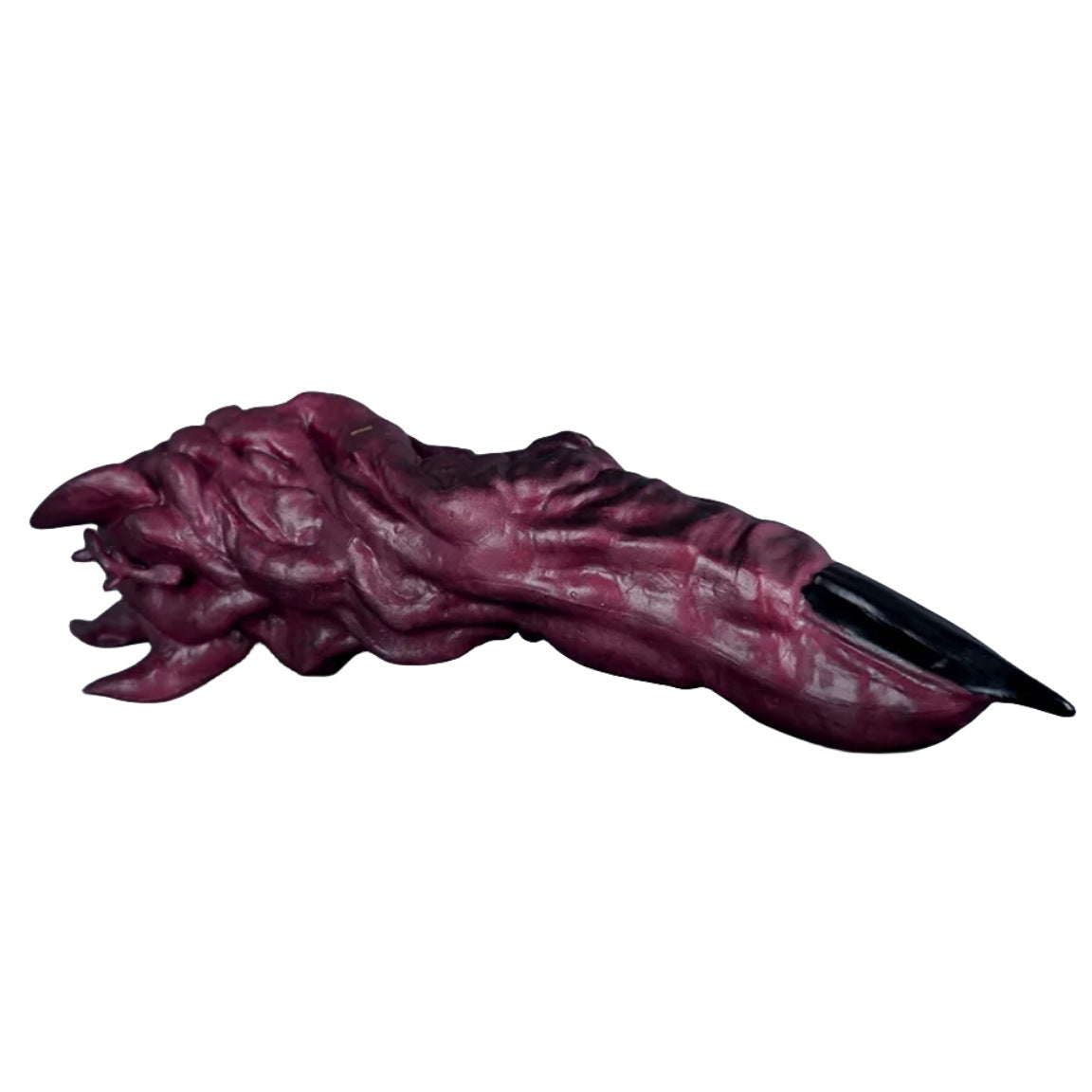 A detailed close-up reveals the Jujutsu Kaisen Cursed Finger Replica – 1:1 Scale Detailed Resin Statue, a dark red intricately textured anime collectible with a sharp black tip, evocative of a cursed finger, set against a white background.