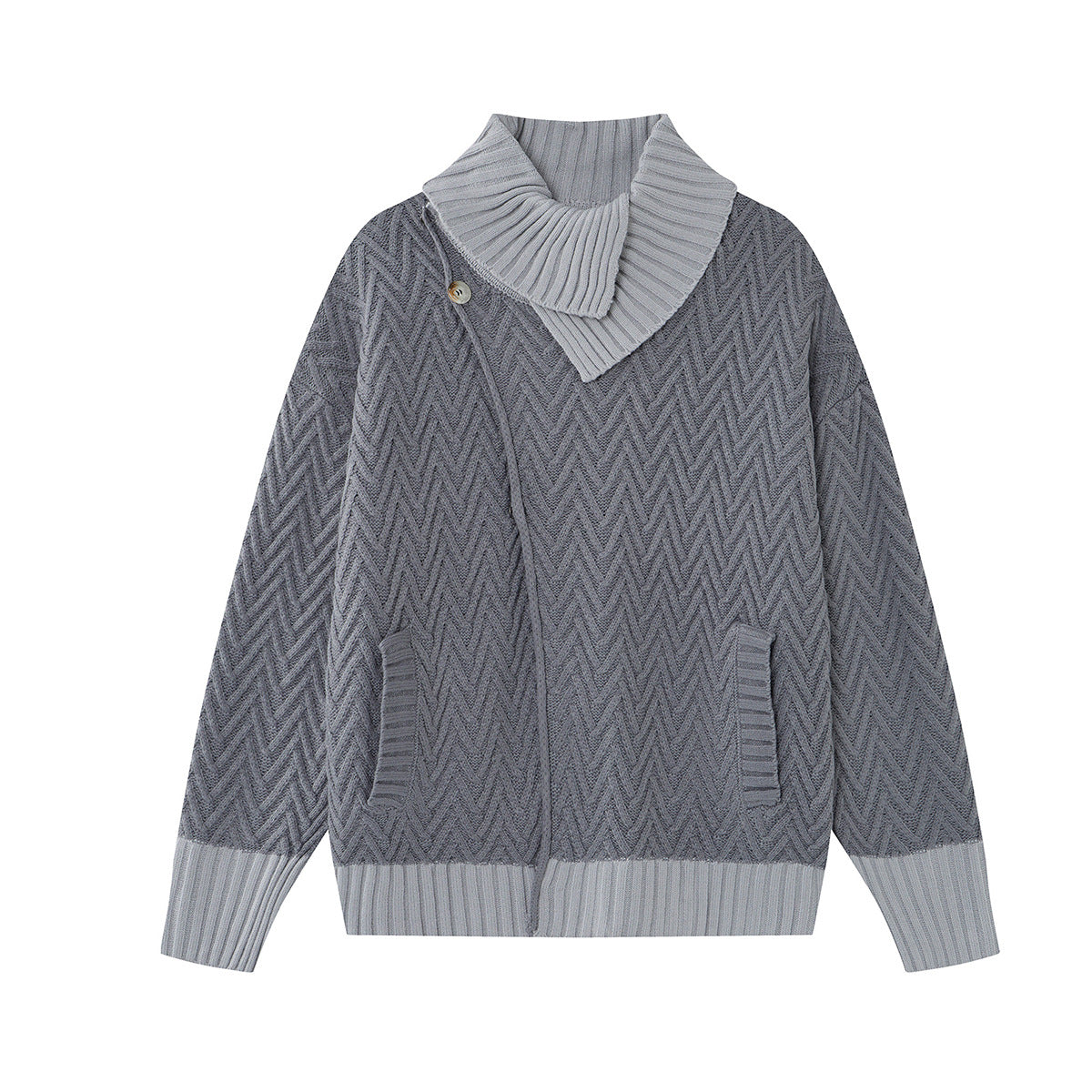 Cardigan en maille torsadée chevrons à col châle, gris, finitions côtelées et poches plaquées sur le devant