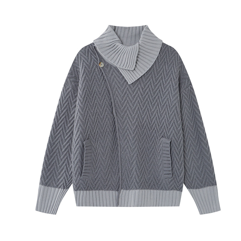 Cardigan en maille torsadée chevrons à col châle, gris, finitions côtelées et poches plaquées sur le devant