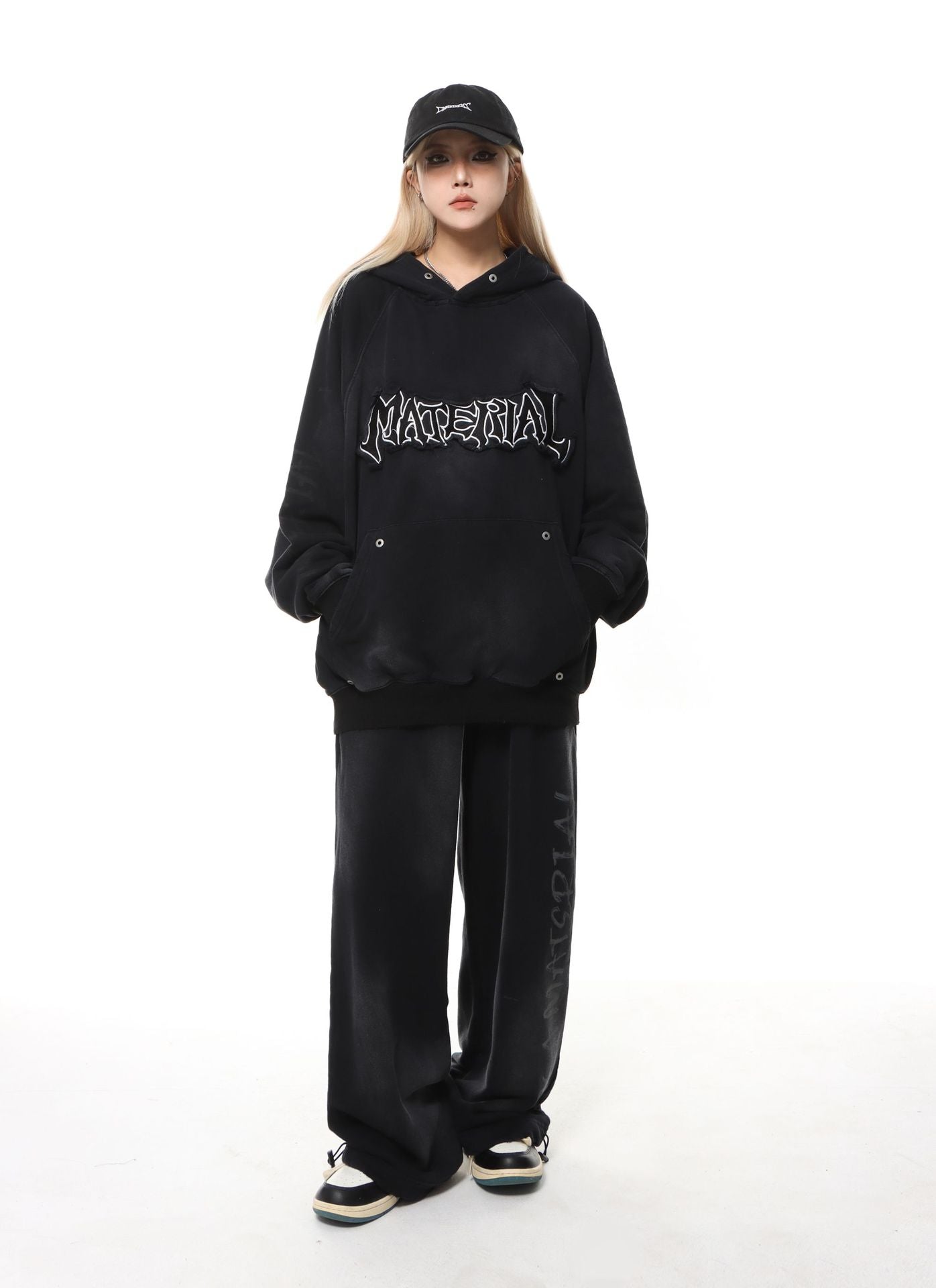 Material Graphic Oversized Hoodie – Washed Heavy Fleece with Embroidered Patch &
