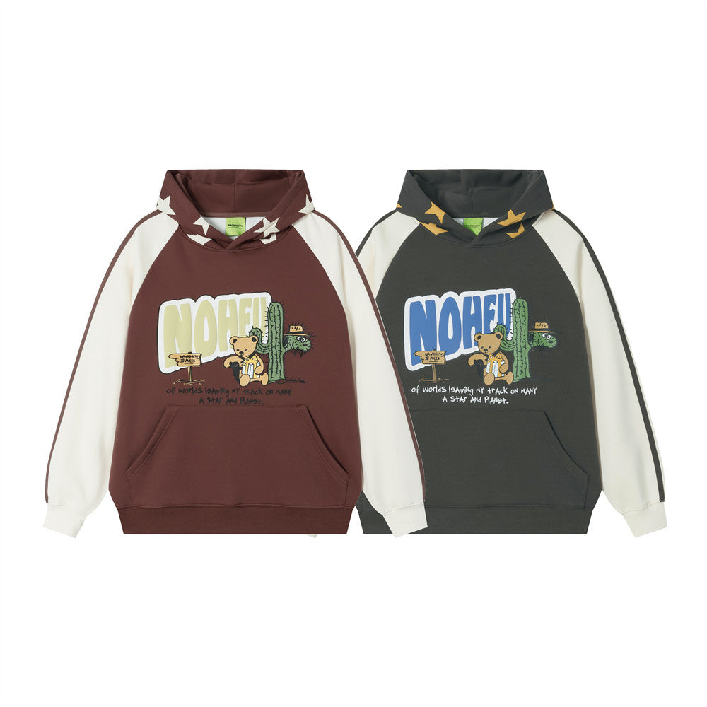 Hoodie mit Cartoon-Bär- und Kaktusgrafik, Colorblock-Raglanärmeln