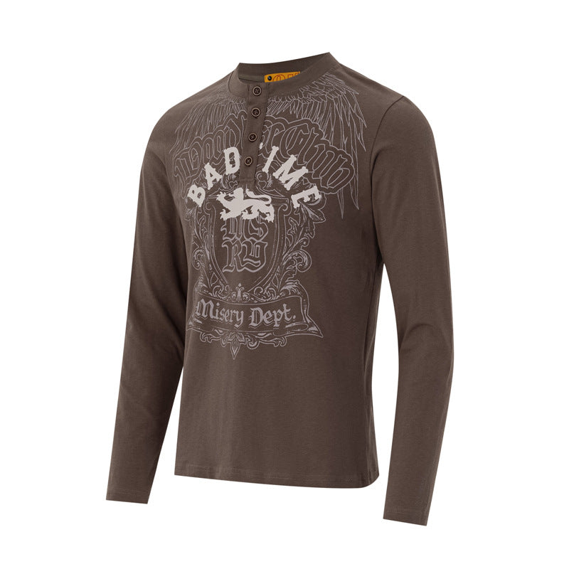 Herren-Langarm-Henley-Shirt mit Gothic-Graphic – Vintage-American-Streetwear-T-Shirt
