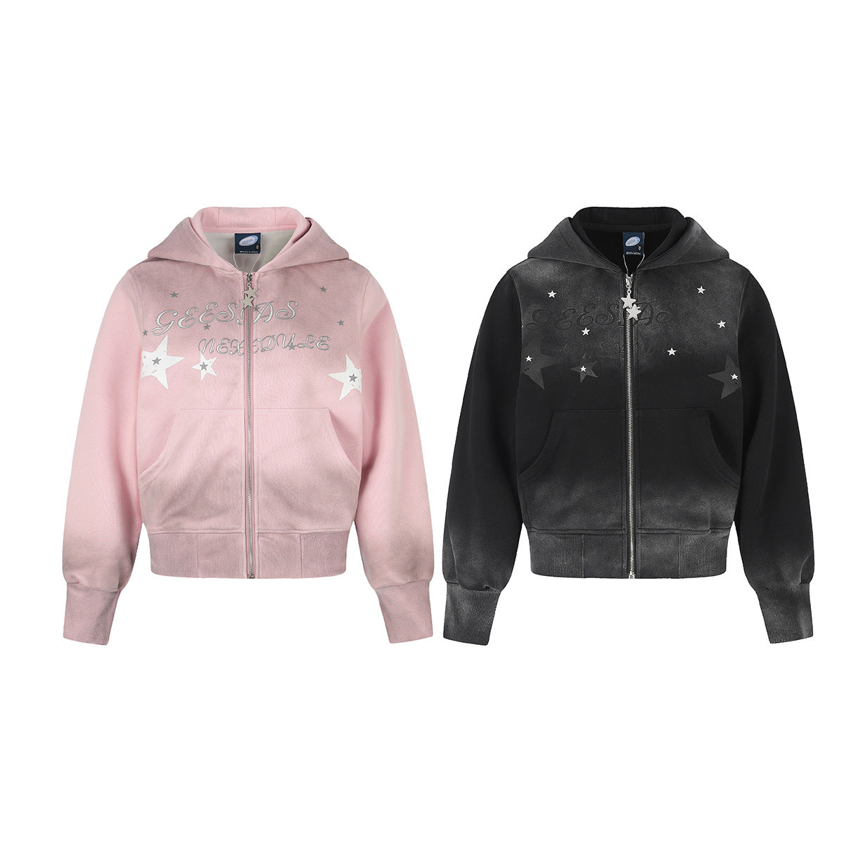 Sweat à capuche zippé à motif étoile – Sweat-shirt streetwear oversize vintage délavé